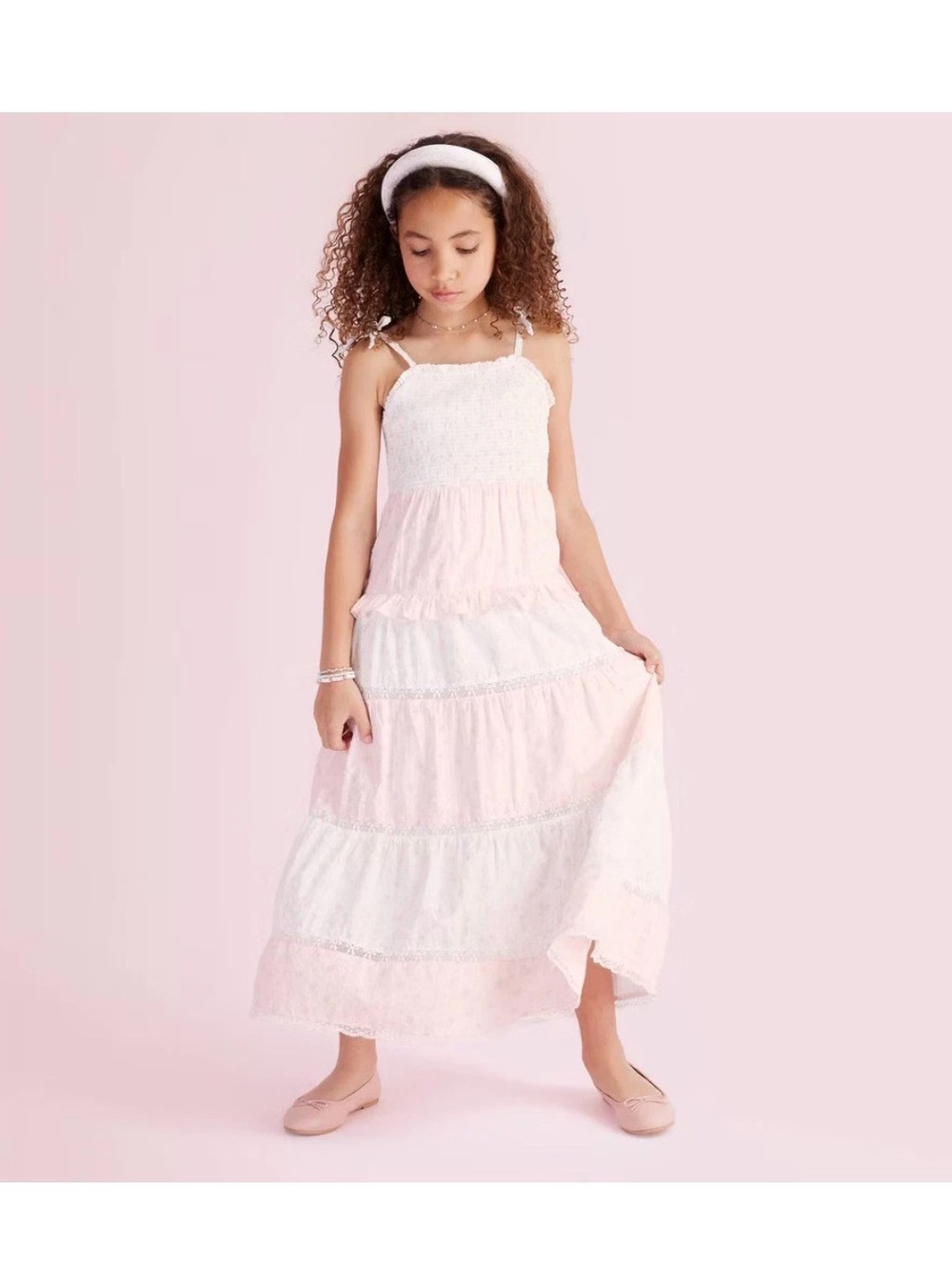 Girls' Stella Ditsy Floral Tiered Maxi Dress - LoveShackFancy Light Pink 14